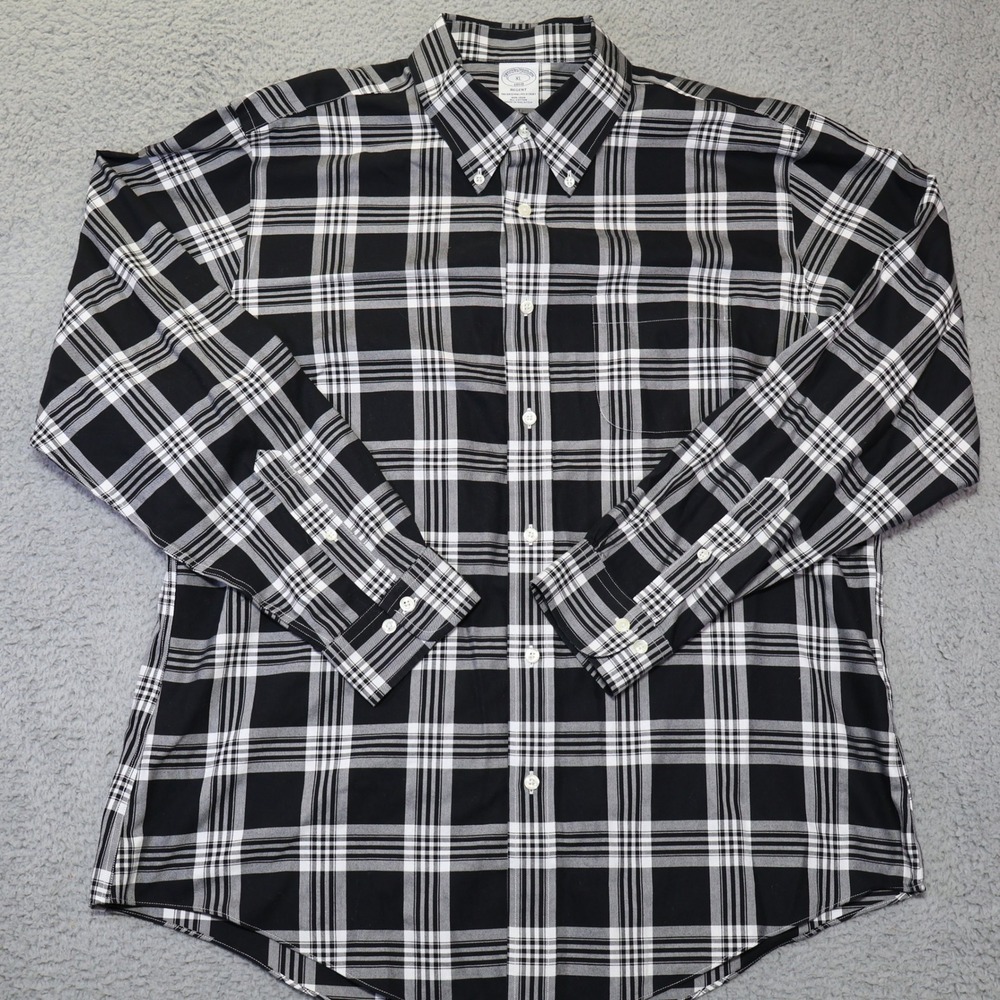 Brooks Brothers 1818 Regent Mens XL Black White Plaid Non-Iron Cotton Shirt 2333
